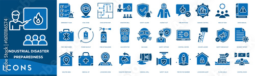 Industrial Disaster Preparedness icon set. Emergency Plan, Evac Zone, Evacuation Map, Disaster Drill, Safety Alarm, Hazmat Suit, Fire Response, Damage Control and Rescue Team