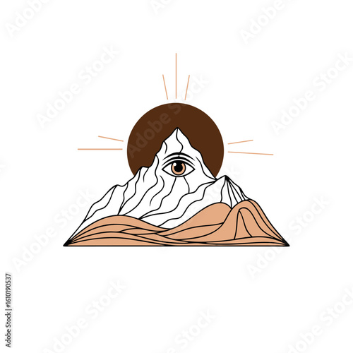 Mystical Mountain with All-Seeing Eye and Sun for Spiritual and Esoteric Concepts