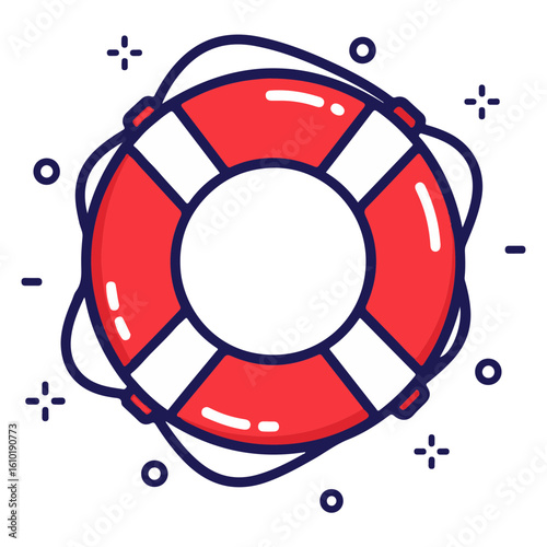 A vibrant cartoon life preserver, ready to rescue, encircled by stylized waves.