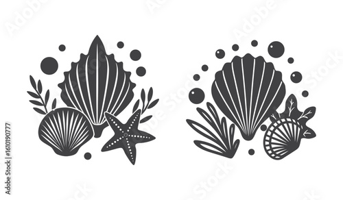 Two distinct arrangements of marine life and foliage in a dark silhouette style