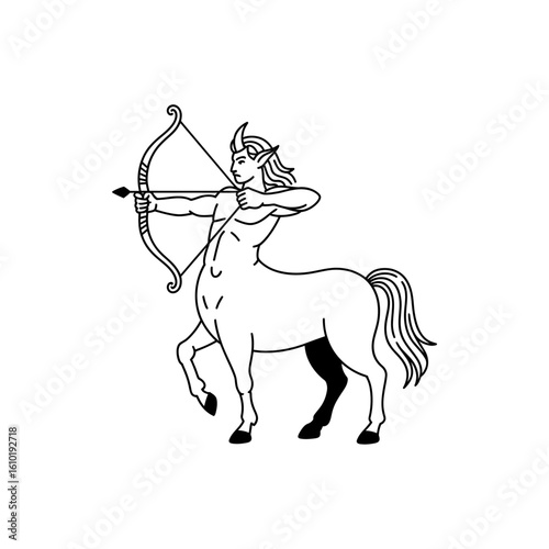 centaur with bow and arrow black and white illustration