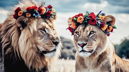 A majestic lion and lioness, adorned with vibrant floral crowns, gaze serenely, creating a striking and unique visual that blends wild beauty with whimsical artistry.