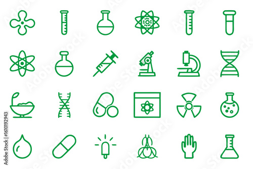 Scientific research laboratory line art icons for medical and chemical experiments featuring equipment and procedures in a clean graphic style