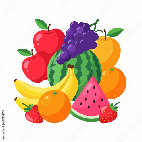 Vibrant fruit arrangement featuring apples, watermelon, grapes, bananas, and oranges, perfect for healthy eating and fresh juice concepts