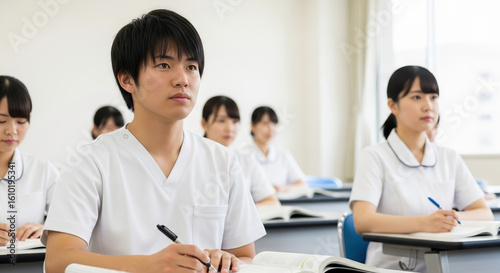 座学で勉強をするアジア人看護師