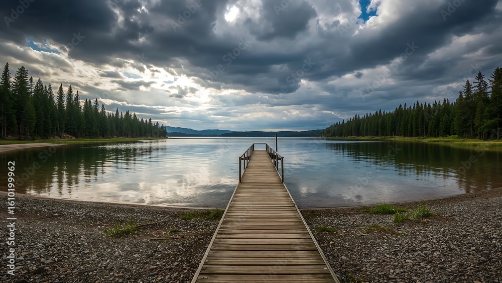 Fototapeta premium Wooden dock leads to a vast lake under dramatic stormy skies