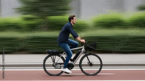 Male Cyclist Riding Electric Bicycle on Road with Red Stripe and Green Background