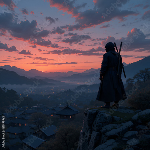 A ninja perched on a hill overlooking a Japanese village at dusk, spying on houses below, stealthily infiltrating enemy territory. A lone warrior watches over a small town, a guardian, a protector.