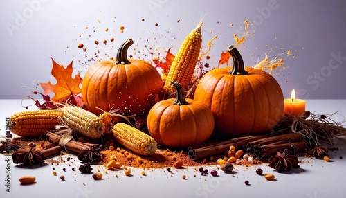 An autumnal still life of pumpkins, cinnamon sticks, dried corn, and flickering candl 