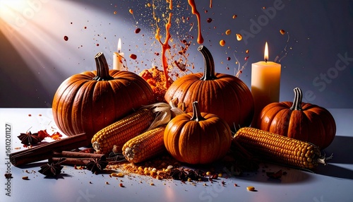 An autumnal still life of pumpkins, cinnamon sticks, dried corn, and flickering candl 