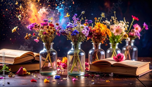Elegant glass vases filled with wilting wildflowers, surrounded by scattered petals a 