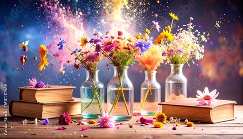 Elegant glass vases filled with wilting wildflowers, surrounded by scattered petals a 