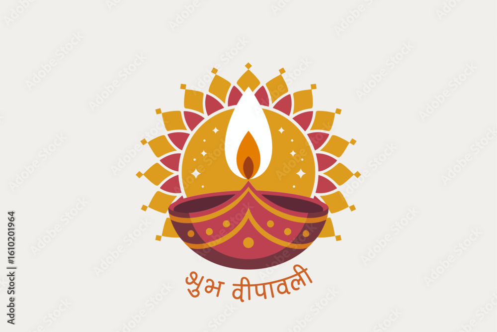 Diwali greeting card with diya lamp and sunburst pattern, festival of lights, poster design, vector illustration