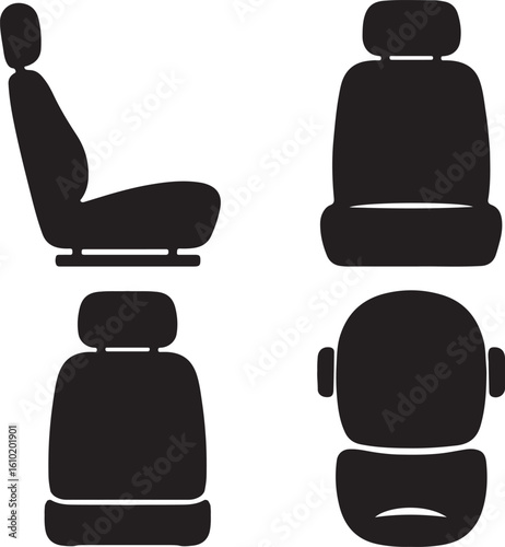 car seat silhouette icons set side, front, back, and top views vector art illustration