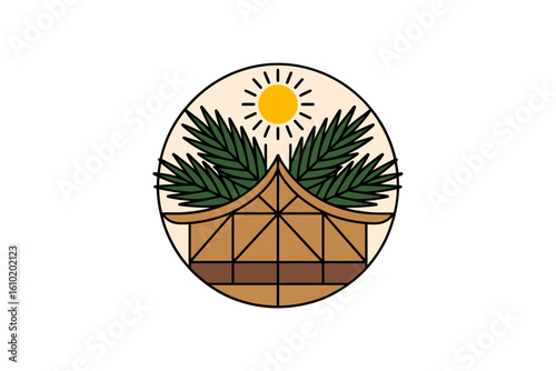 Sukkot festival card with sukkah and palm branches, sun background, vector design illustration, holiday poster