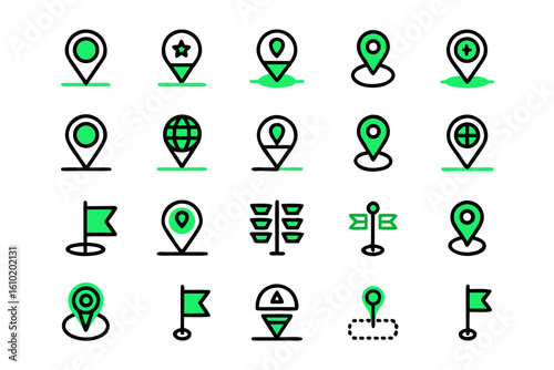 Collection of clean simple line art symbols representing geographical points and navigation markers perfect for digital maps and travel applications