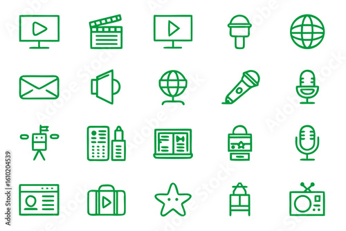 Comprehensive collection of communication and media symbols presented with a clean modern line art aesthetic suitable for digital and print applications