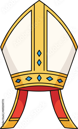 Bishop Mitre Hat Vector Illustration with Gold Details and Blue Gem Accents