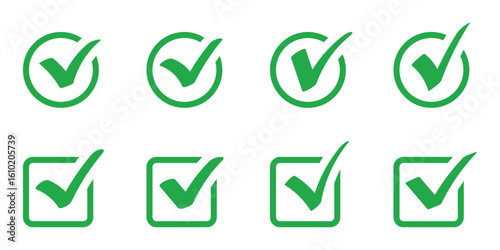 Check mark icon button set. Green check box icon with correct, accept checkmark icons tick box checked. Checkmark vector, checkmark icon set, approved symbol