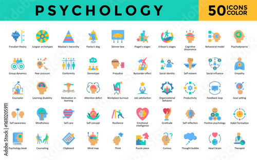 Psychology icons set with freudian theory, jungian archetypes, maslow's hierarchy, pavlov's dog, skinner box, piaget's stages, erikson's stages, cognitive dissonance icon. Simple flat, color vector 

