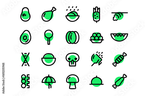 Collection of illustrated food symbols featuring fresh meat cuts and oceanic catches presented in a clean graphic style for culinary applications