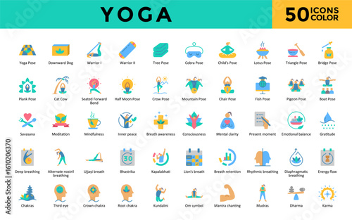 Yoga icons set with yoga mat, yoga block, yoga strap, bolster, blanket, eye pillow, meditation cushion, incense, singing bowl, essential oils icon. Simple flat color vector 
