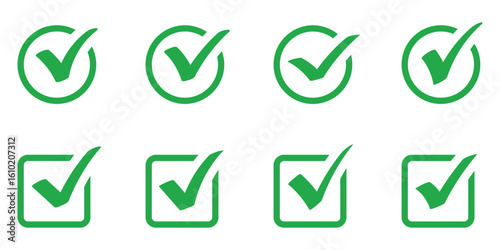 Green checkmark vector icon. Green checkmark tick icon. Green tick in circle and square vector icon. Check mark or done concept. Green checkmark symbolizes success, approval, and completion