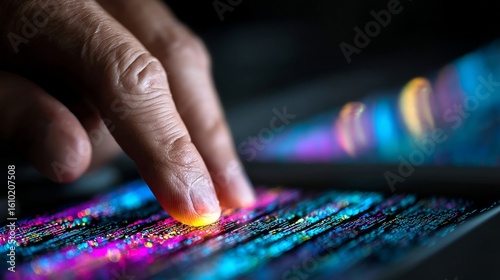 A human hand interacts with a vibrant touchscreen displaying colorful digital data, glowing in blues and pinks,