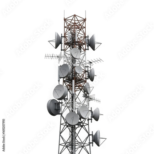 A tall telecommunication tower with multiple antennas and dishes stands isolated on transparent background, ensuring reliable wireless communication