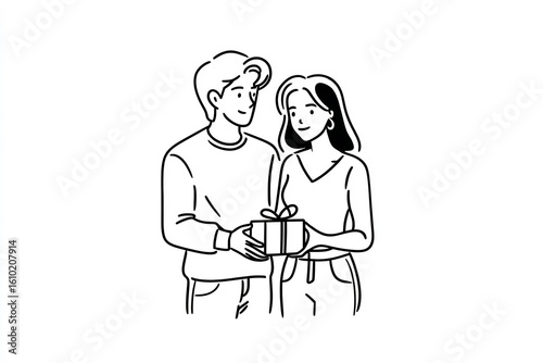 Simple line art of couple with Valentine's gift