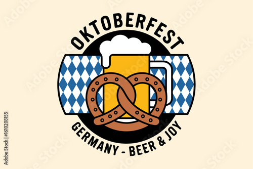 Oktoberfest Germany poster with beer mug and pretzel, beer and joy, Bavarian celebration, vector design illustration