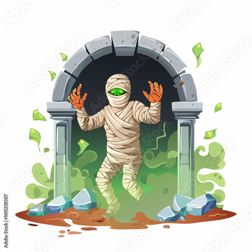 Animated Mummy Emerging: A digitally crafted illustration depicts a spectral mummy emerging from an ancient stone gateway, exuding an aura of mystery and ancient storytelling.