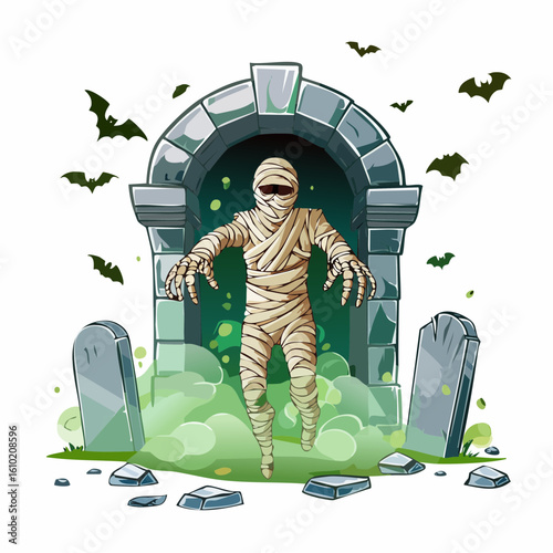 Mummy emerging from Tomb: A cartoon-style illustration of a mummy rising from a stone tomb, surrounded by bats and ghostly green fog, creating a spooky and eerie scene. 