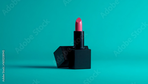 A black square lipstick packaging box is placed on the table, with the lid open. Inside the box is a pink lipstick, showcasing elegant cosmetic packaging and makeup presentation.
