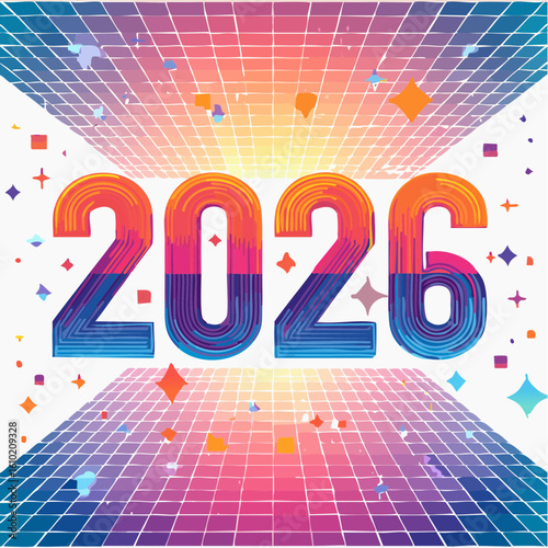 Visualizing the Future: An artistic representation of the year 2026, rendered in vibrant hues, with a grid backdrop, evoking themes of anticipation and technological advancement.