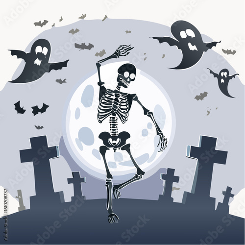 Spooky Spectacle: An animated skeleton dances under a full moon, surrounded by silhouettes of ghosts, bats, and tombstones, a playful and eerie Halloween illustration.