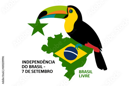 Brazil Independence Day poster with toucan and green map, September 7, Brasil livre, unique celebration, vector design illustration