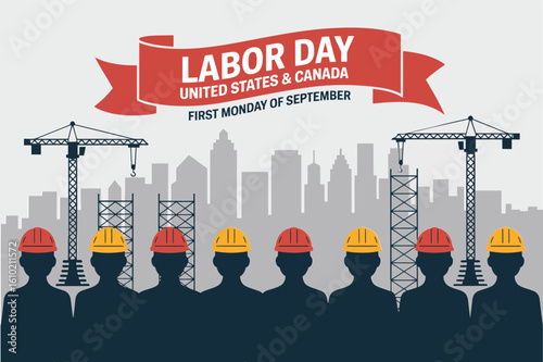 Labor Day USA and Canada poster with city skyline and cranes, first Monday of September, workers celebration, vector design