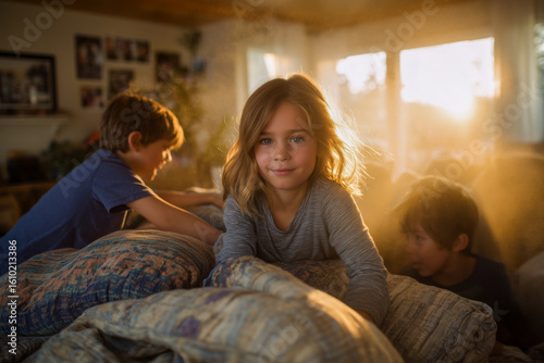 Three children playing in a pillow fort in a sunlit living room