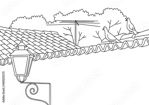Line art drawing of pigeons on a roof with lamp and antenna vector