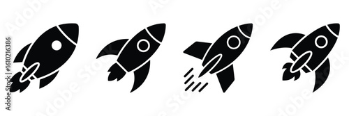 Rocket icon in flat style with flames. Black rocket icon set with simple design isolated icon on white background. Vector illustration. EPS 10
