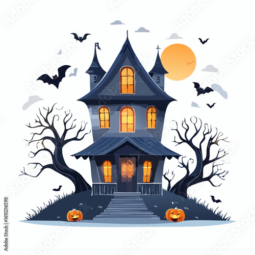 Spooky Haunted House Illustration: An eerie illustration showcases a haunted house with dark silhouettes of bats, a vibrant full moon, and jack-o'-lanterns, perfect for Halloween.