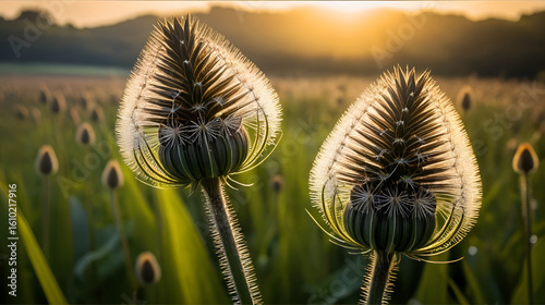 Backlit teasel plant in Seaton Wetlands, Devon