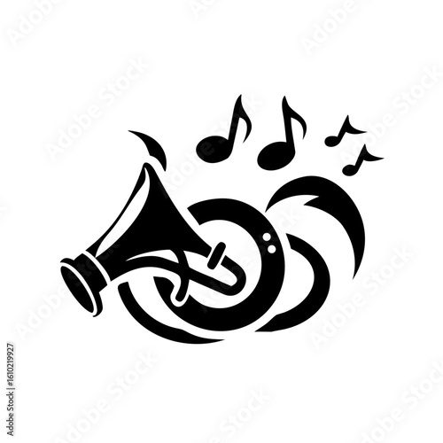 Illustration of a french horn with musical note accents