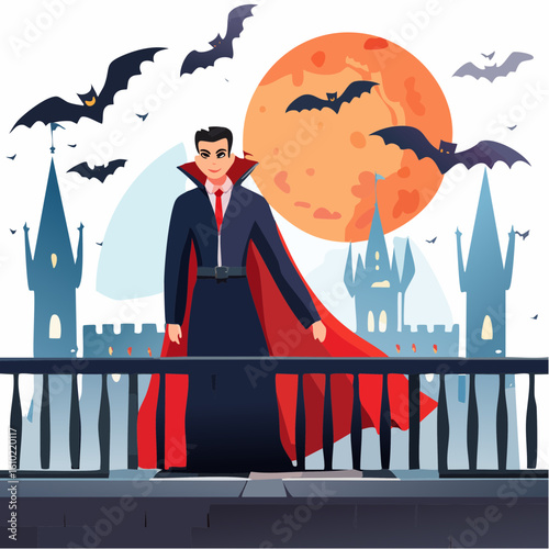 Vampire on Balcony: A captivating illustration of a suave vampire standing on a balcony, overlooking a mysterious scene under the eerie glow of a full moon, with bats in the dark night sky. 