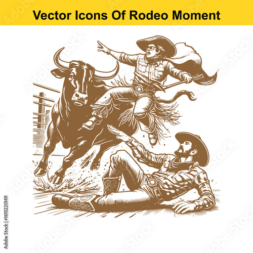 Rodeo Clown Saving Cowboy – Western Heroic Moment Vector