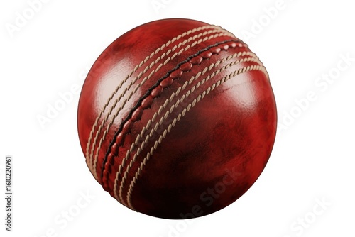 Close up view of a traditional red leather cricket ball with prominent stitching on a white background