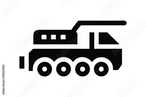 Stylized black silhouette icon of a heavy duty mining dump truck with multiple wheels on a white background
