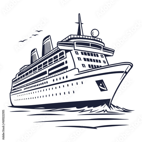 Stylized illustration of a large cruise ship sailing on the ocean with birds flying overhead