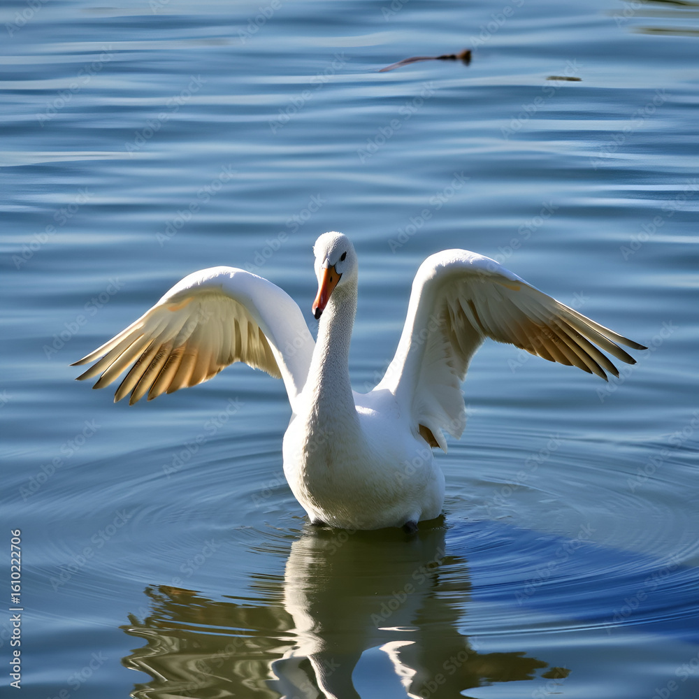 Obraz premium Anade friso (Mareca strepera), pato con las alas abiertas sobre el lago.